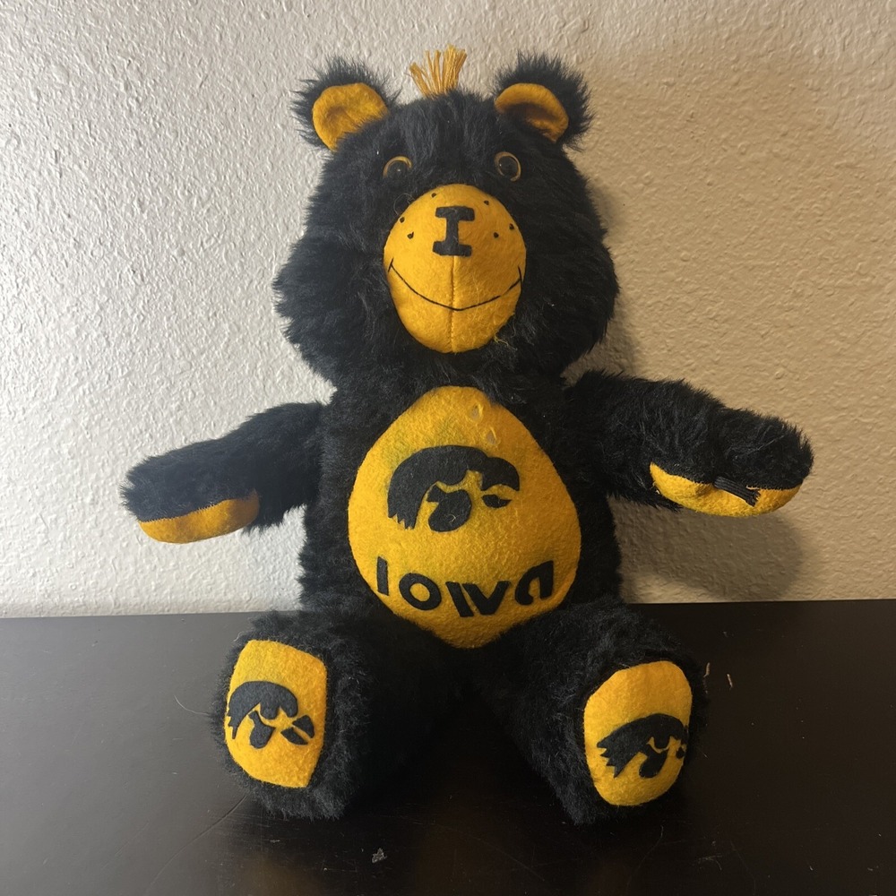 Vintage University Of Iowa Hawkeye Plush Bear Yellow Black Rare Handmade